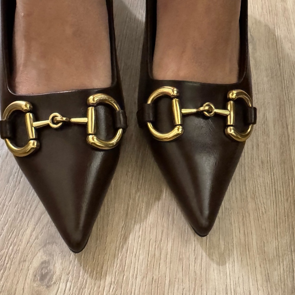 Jeffrey Campbell Pointed Toe Pumps in Dark Brown with Gold Hardware